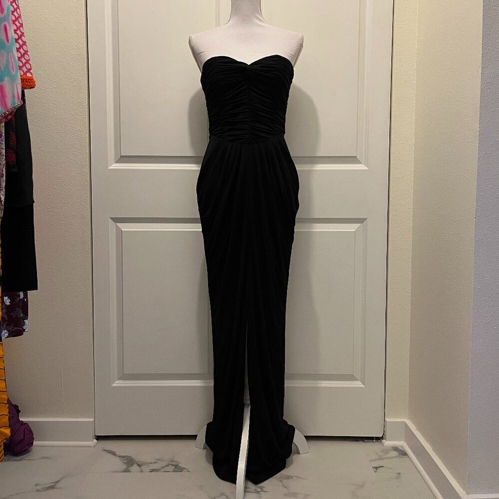 Vicky Tiel Black Strapless Long Gown with Elegant Ruching and Front Slit